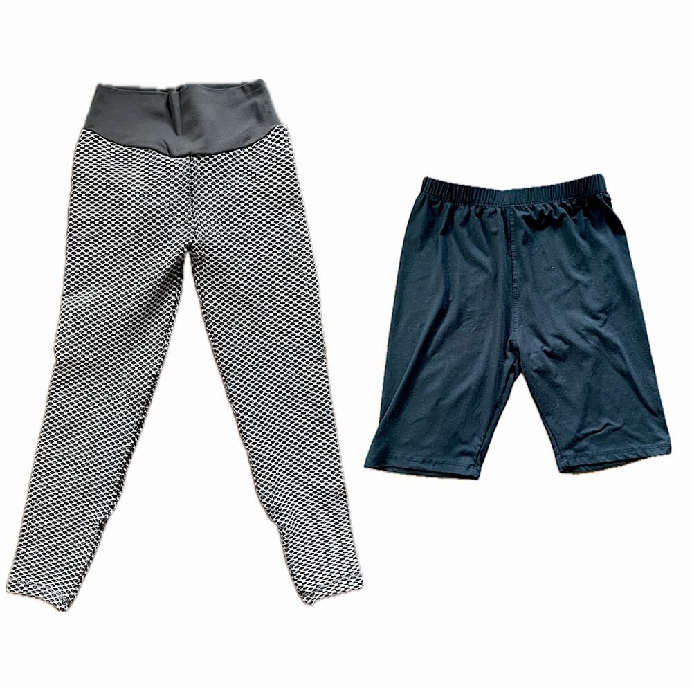 SHEIN Pack of 2 Athletic Bottoms Black Bike Shorts Gray White Textured Leggings